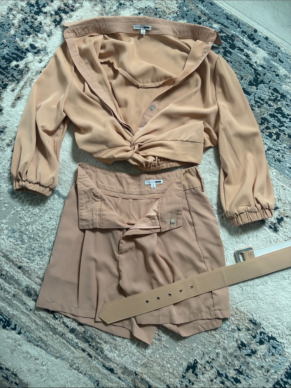 Fashion Nova Beige Two-Piece Twist Front Top & Shorts Set